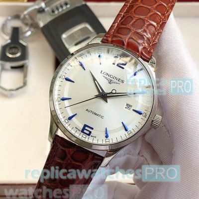 High-end Copy Longines White Dial Brown Leather Strap Automatic Watch